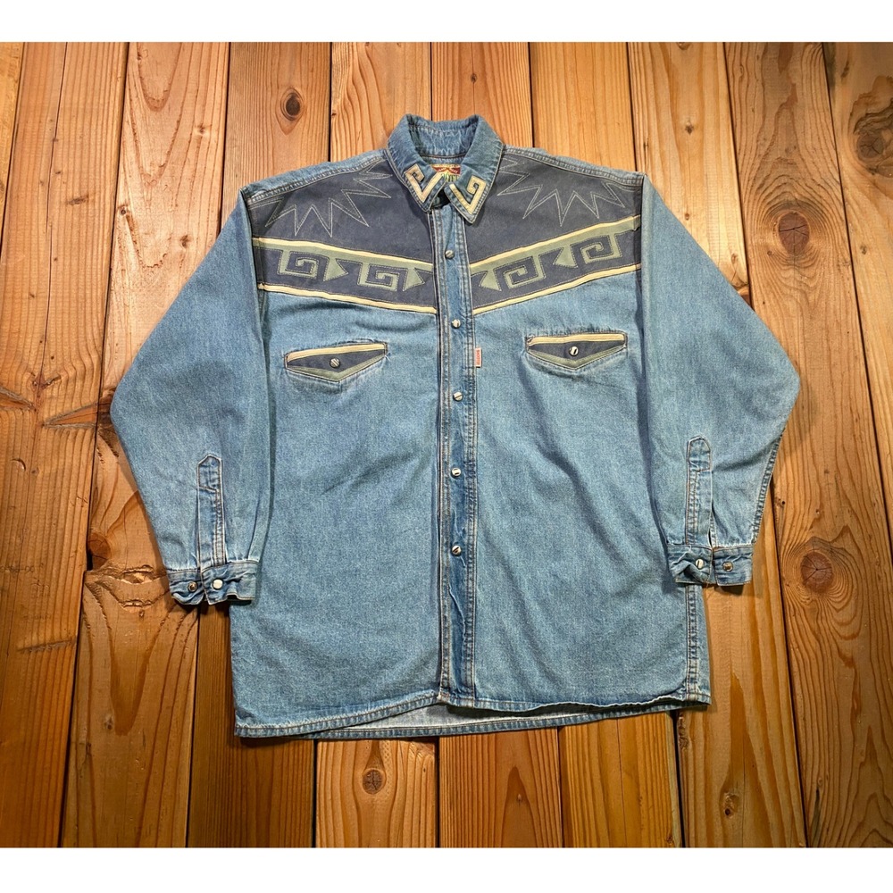 Vintage Shooter Mens Blue Denim Southwestern Western Snap Shirt Faux Suede Small
